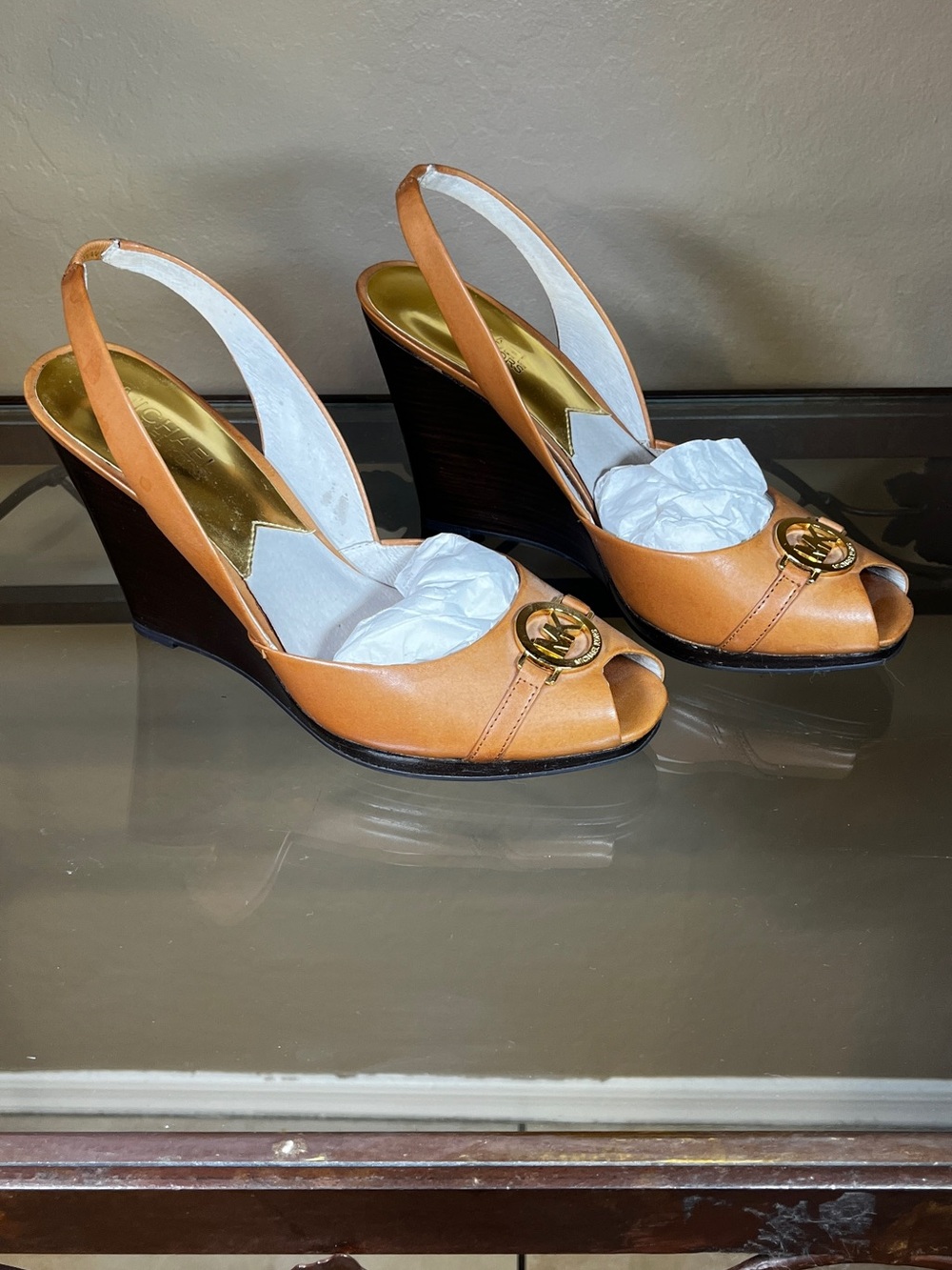 Michael Kors Tan Leather Peep-Toe Slingback Wedges with Gold Logo